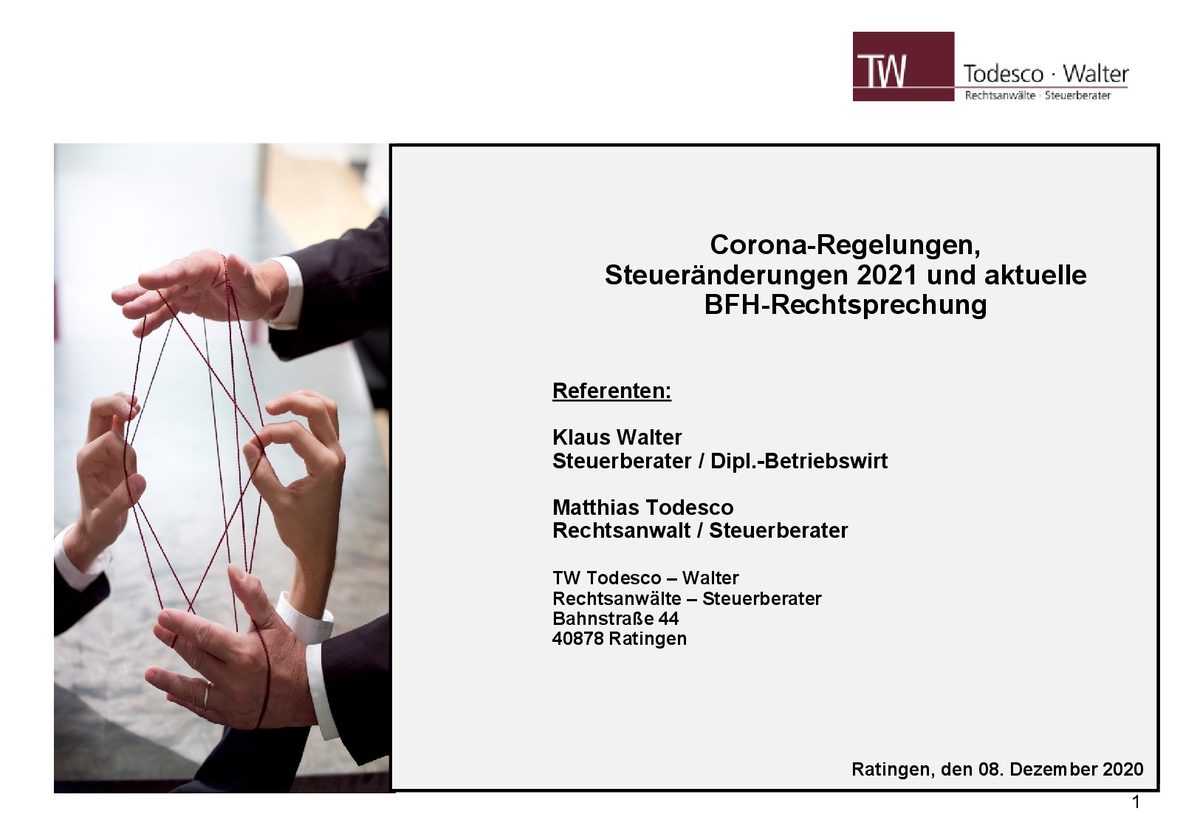 Webinar "Aktuelle Änderungen im Steuerrecht" am 08.12.2020