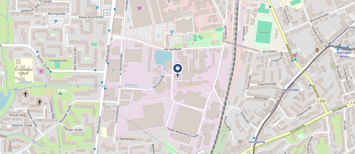 Karte mit dem Standort: Unternehmensverband Ratingen e.V., Dechenstraße 3, 40878 Ratingen